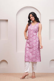 Mauve Printed Straight Sleeveless Kurta for Women