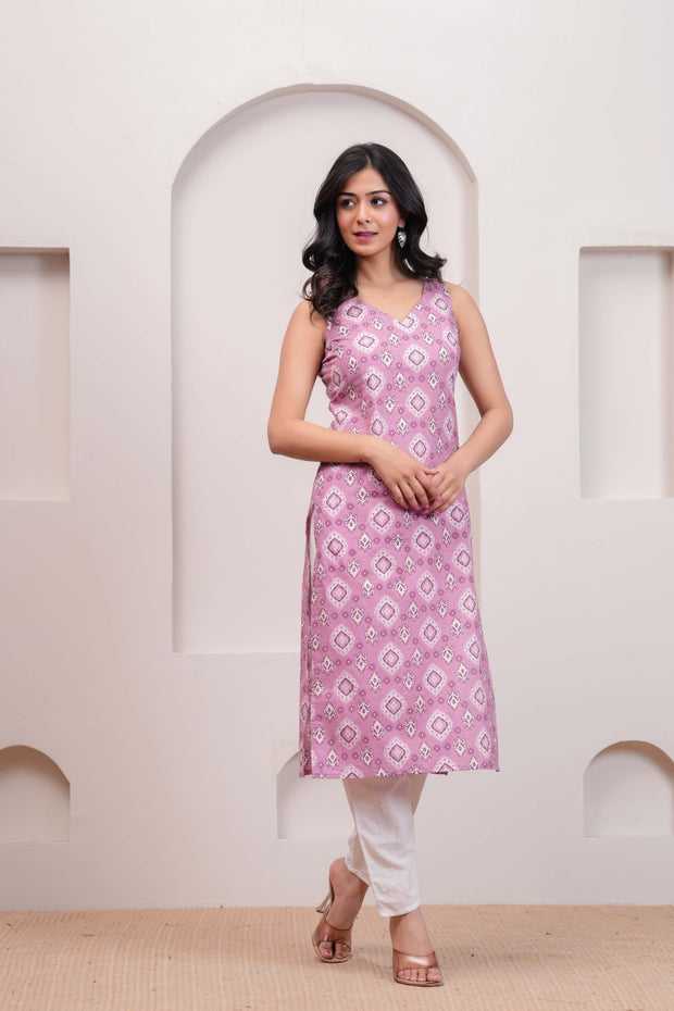 Mauve Printed Straight Sleeveless Kurta for Women