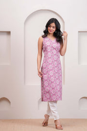 Mauve Printed Straight Sleeveless Kurta for Women