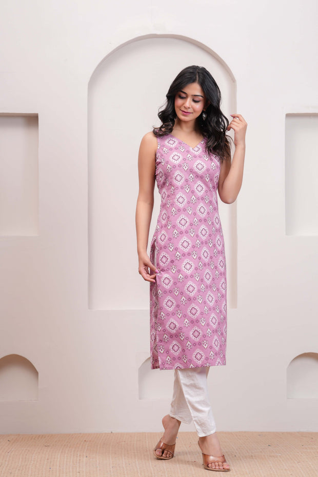 Mauve Printed Straight Sleeveless Kurta for Women