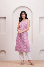 Mauve Printed Straight Sleeveless Kurta for Women