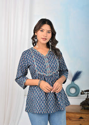 Women Blue Ethnic Printed Flared Top