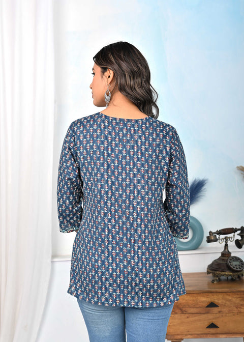 Women Blue Ethnic Printed Flared Top