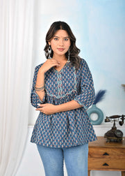 Women Blue Ethnic Printed Flared Top