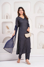Navy Blue Printed Kurta Set With Solid Dupatta For Women