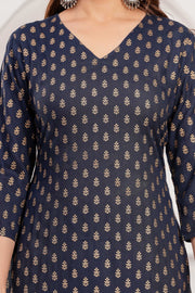 Navy Blue Printed Kurta Set With Solid Dupatta For Women