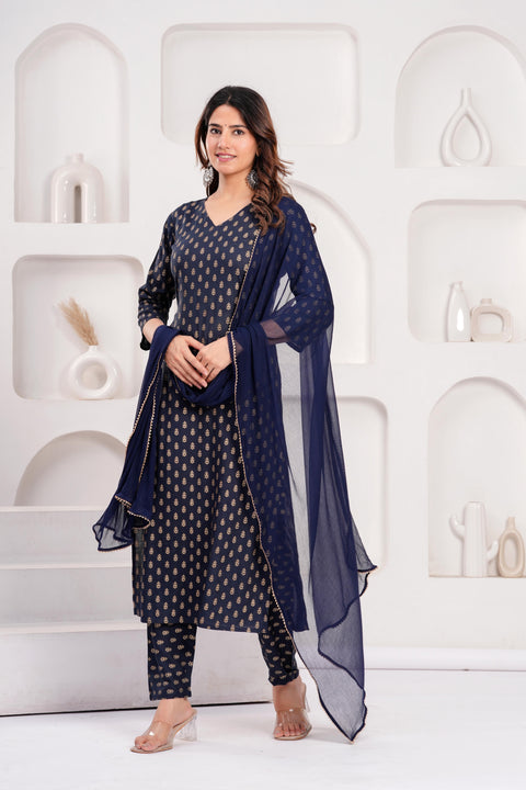 Navy Blue Printed Kurta Set With Solid Dupatta For Women