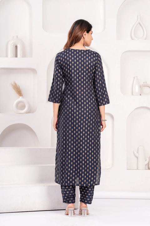 Navy Blue Printed Kurta Set With Solid Dupatta For Women