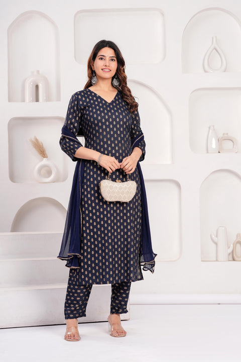 Navy Blue Printed Kurta Set With Solid Dupatta For Women