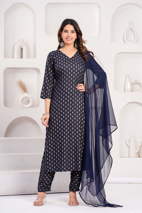 Navy Blue Printed Kurta Set With Solid Dupatta For Women