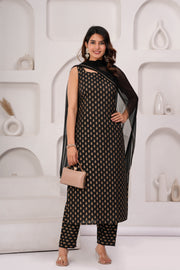 Black Printed Kurta Set With Solid Dupatta For Women