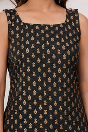 Black Printed Kurta Set With Solid Dupatta For Women