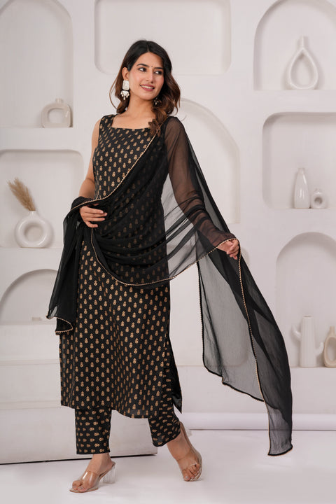 Black Printed Kurta Set With Solid Dupatta For Women
