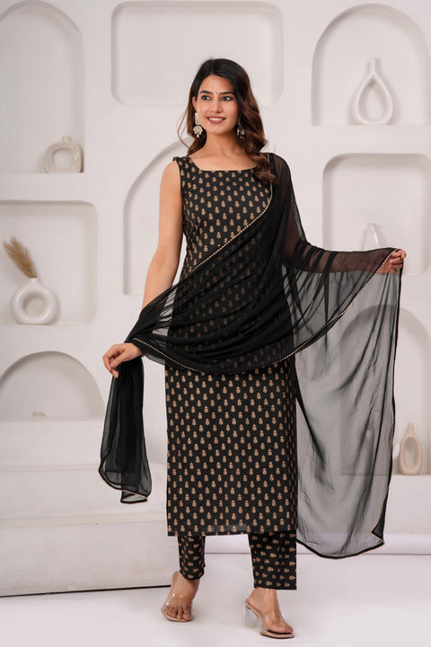 Black Printed Kurta Set With Solid Dupatta For Women