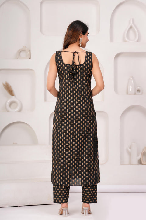 Black Printed Kurta Set With Solid Dupatta For Women