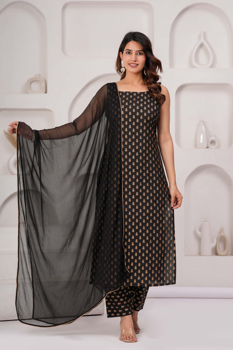 Black Printed Kurta Set With Solid Dupatta For Women