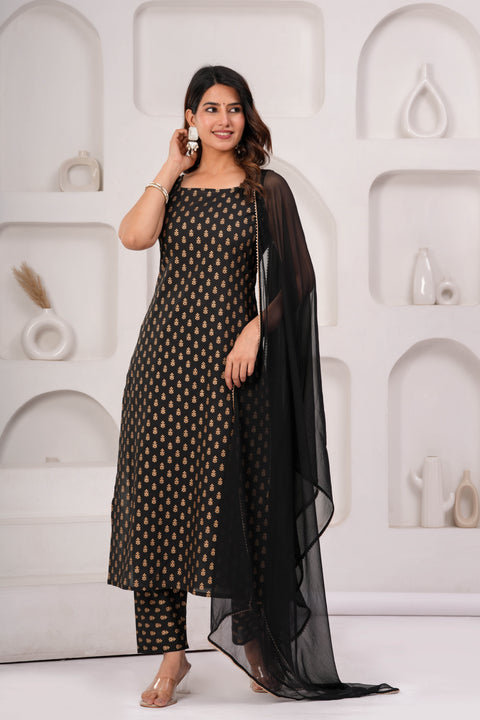 Black Printed Kurta Set With Solid Dupatta For Women