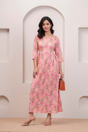 Peach Floral Printed Flared Dress for Women