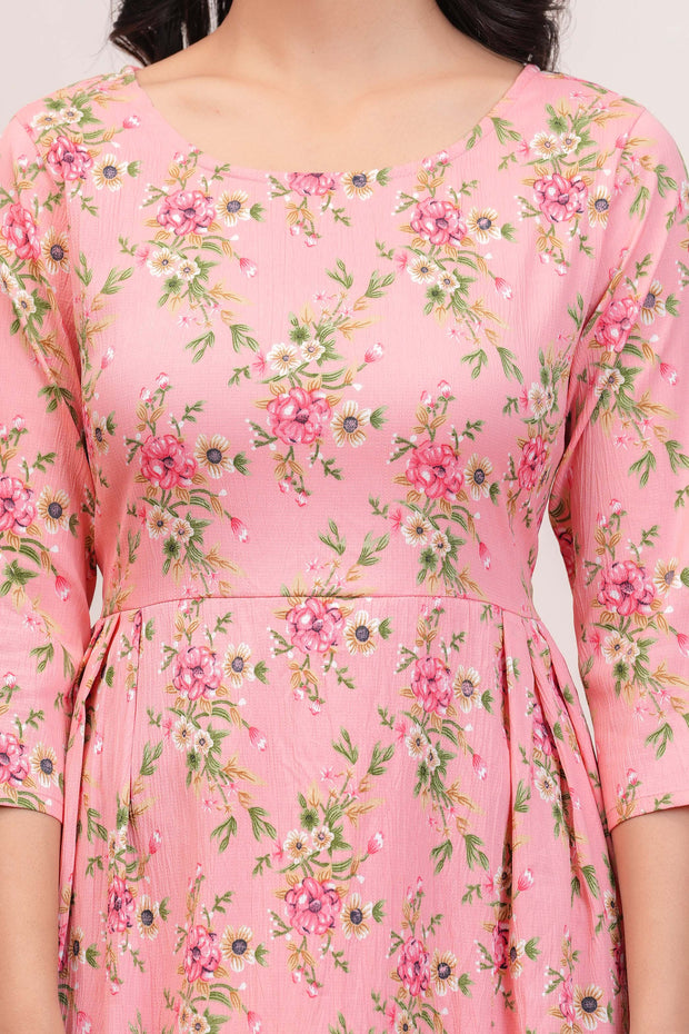 Peach Floral Printed Flared Dress for Women