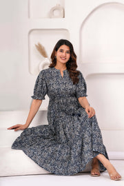 Grey Floral Printed Flared Dress for Women