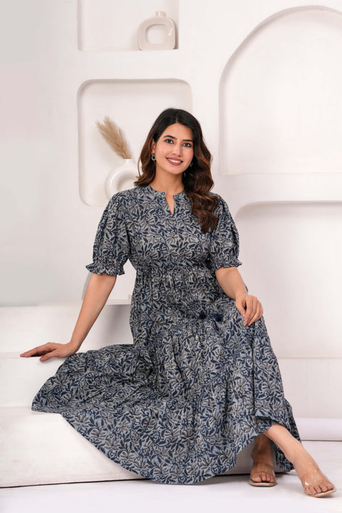 Grey Floral Printed Flared Dress for Women