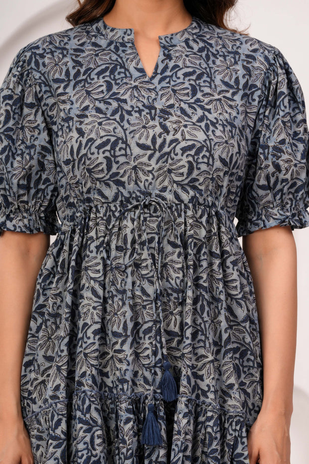 Grey Floral Printed Flared Dress for Women