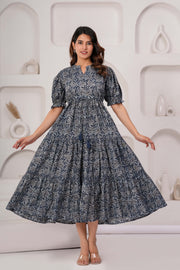 Grey Floral Printed Flared Dress for Women