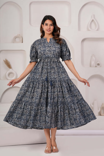 Grey Floral Printed Flared Dress for Women