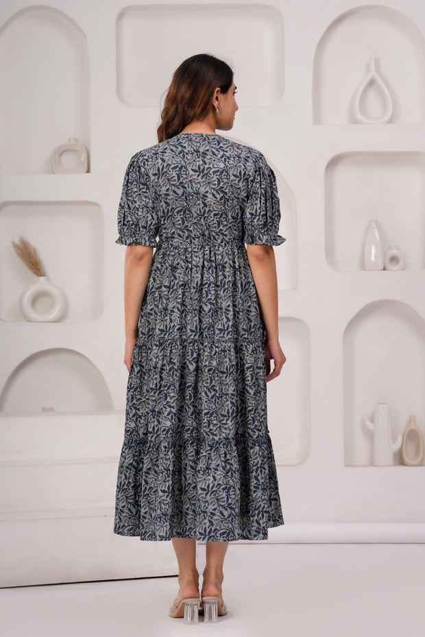 Grey Floral Printed Flared Dress for Women