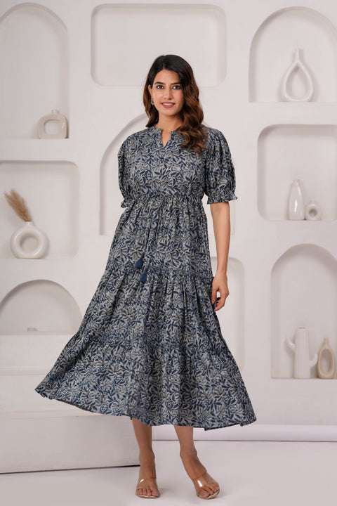 Grey Floral Printed Flared Dress for Women