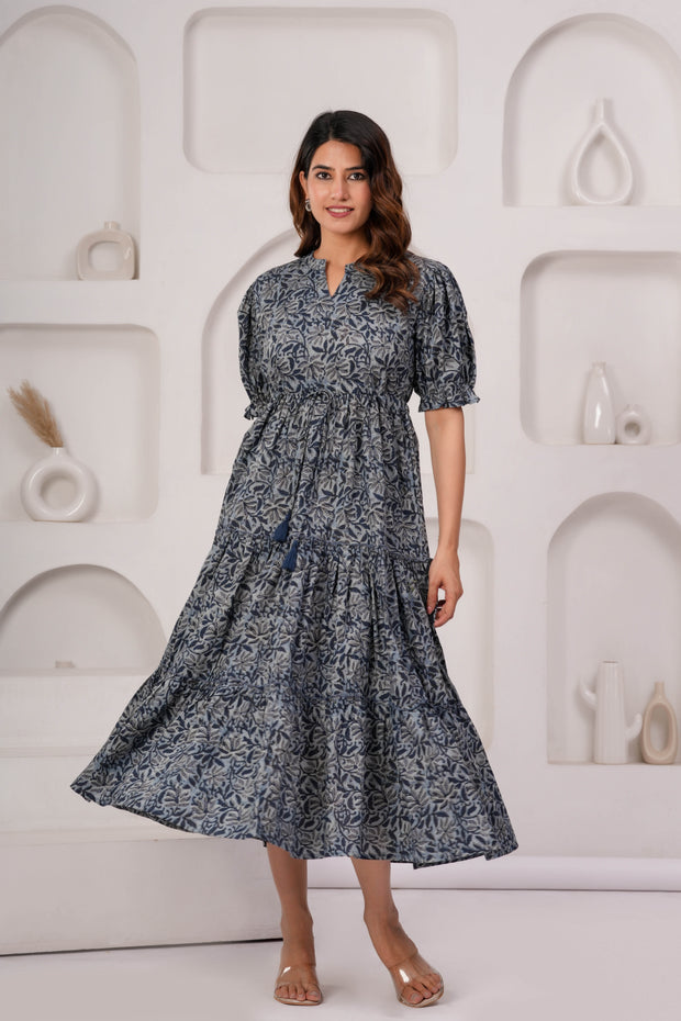 Grey Floral Printed Flared Dress for Women