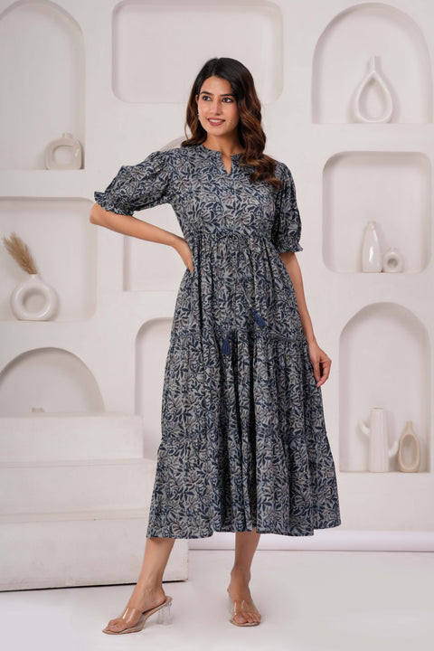 Grey Floral Printed Flared Dress for Women