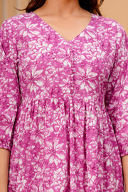 Purple Floral Printed Flared Dress for Women