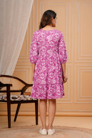 Purple Floral Printed Flared Dress for Women