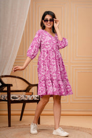 Purple Floral Printed Flared Dress for Women