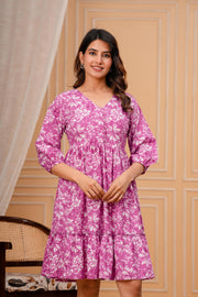 Purple Floral Printed Flared Dress for Women