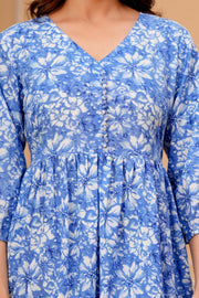 Blue Floral Printed Flared Dress for Women