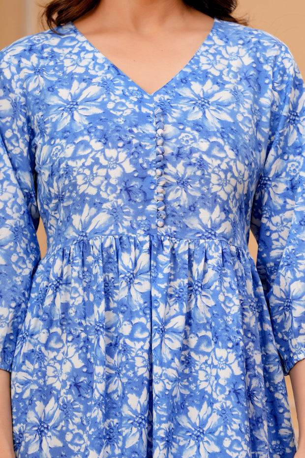 Blue Floral Printed Flared Dress for Women