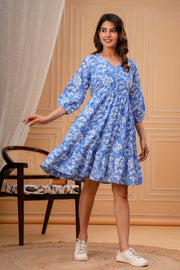 Blue Floral Printed Flared Dress for Women