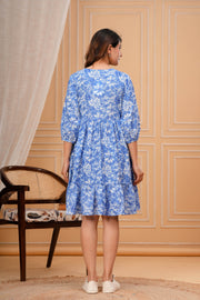 Blue Floral Printed Flared Dress for Women