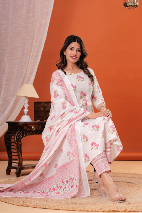 Nayo White Printed Anarkali Kurta Set With Dupatta For Women