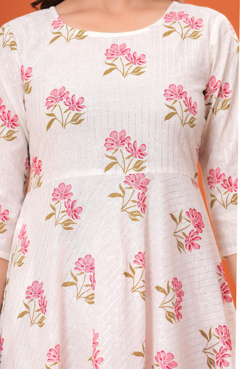 Nayo White Printed Anarkali Kurta Set With Dupatta For Women