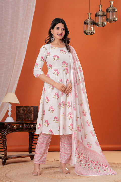 Nayo White Printed Anarkali Kurta Set With Dupatta For Women