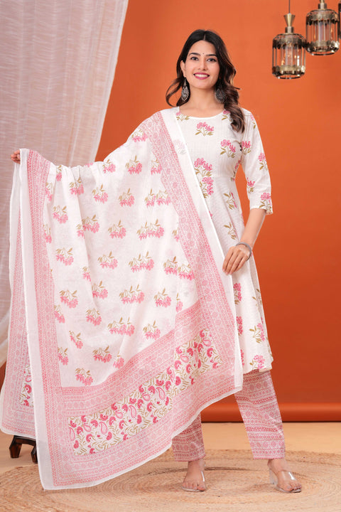 Nayo White Printed Anarkali Kurta Set With Dupatta For Women