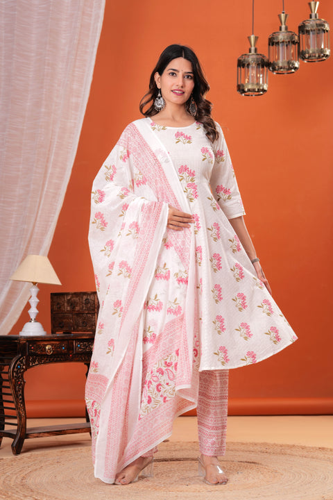 Nayo White Printed Anarkali Kurta Set With Dupatta For Women