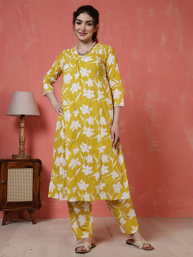 Yellow Printed Two Piece Cotton Co-ord Set for Women