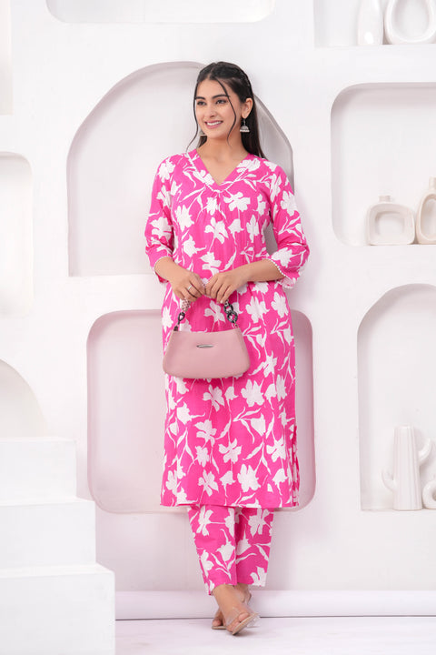Pink Printed Two Piece Cotton Co-ord Set for Women