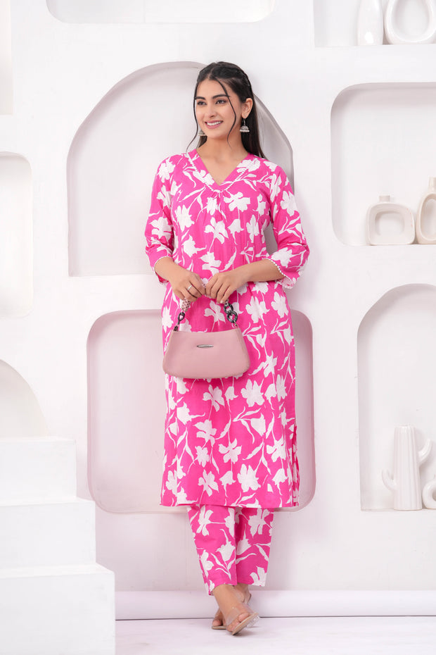 Pink Printed Two Piece Cotton Co-ord Set for Women