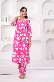Pink Printed Two Piece Cotton Co-ord Set for Women