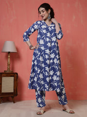 Blue Printed Two Piece Cotton Co-ord Set for Women